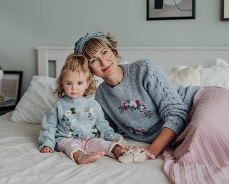Custom knitted cotton, merino sweater with embroidered flowers  for baby, girl