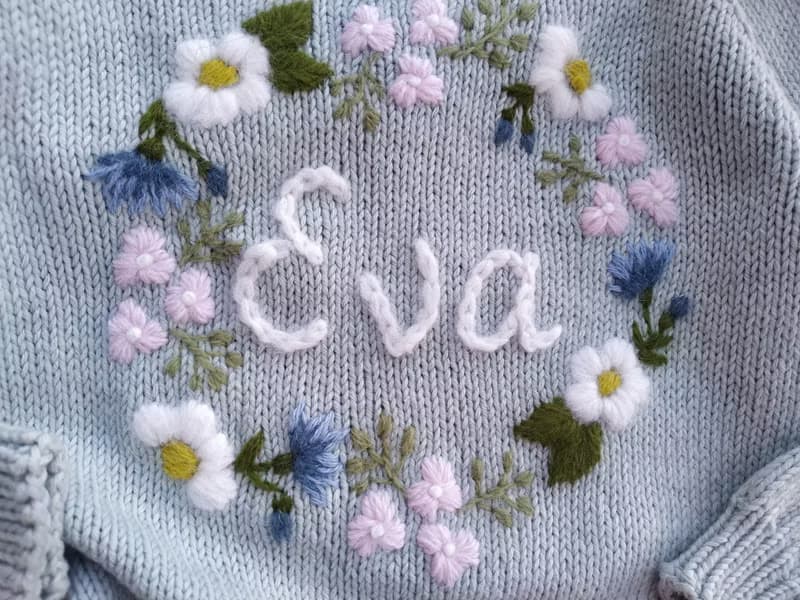 Custom knitted cotton, merino sweater with embroidered flowers  for baby, girl