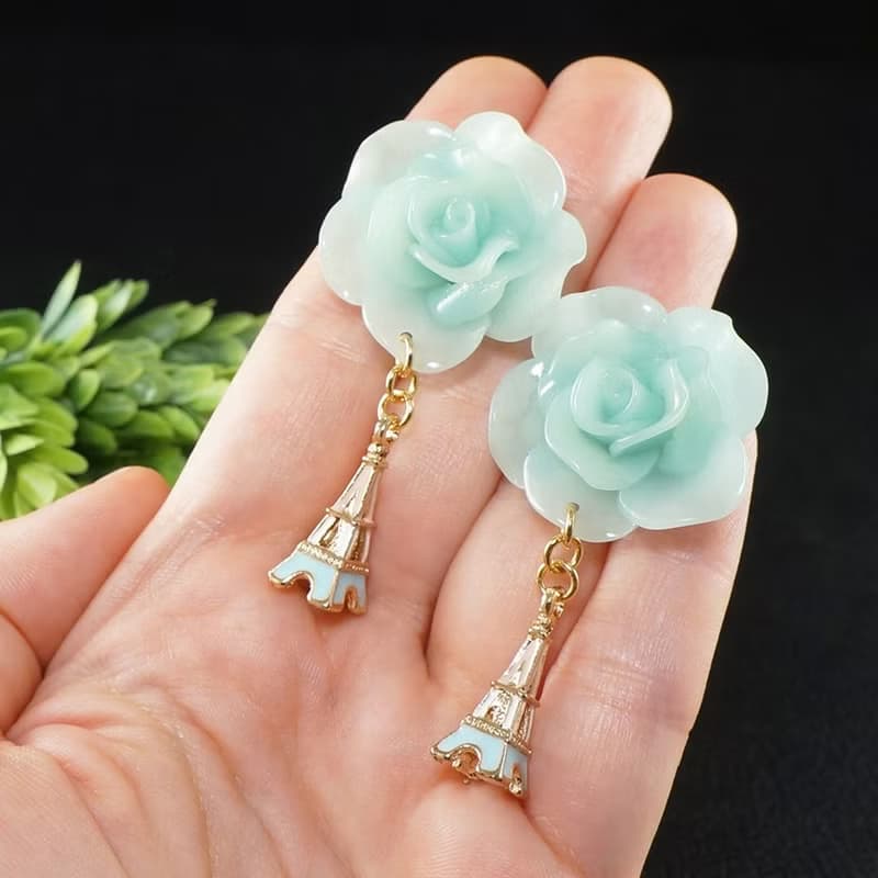 Mint Rose Paris Earrings Gold Eiffel Tower Romantic Statement Earrings Jewelry