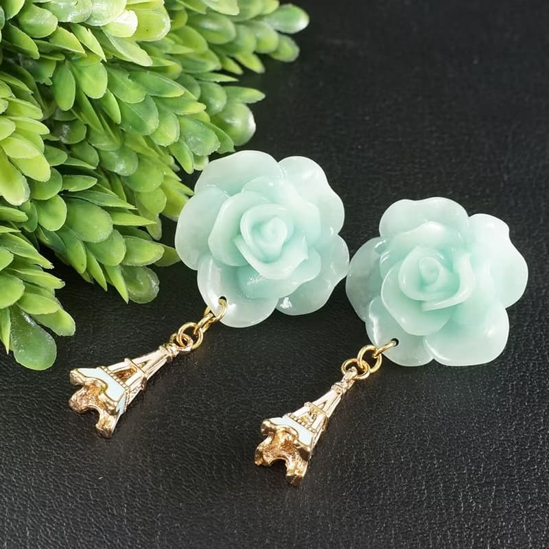 Mint Rose Paris Earrings Gold Eiffel Tower Romantic Statement Earrings Jewelry