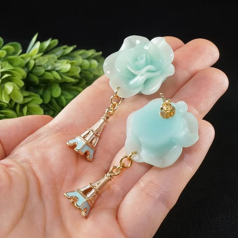 Mint Rose Paris Earrings Gold Eiffel Tower Romantic Statement Earrings Jewelry