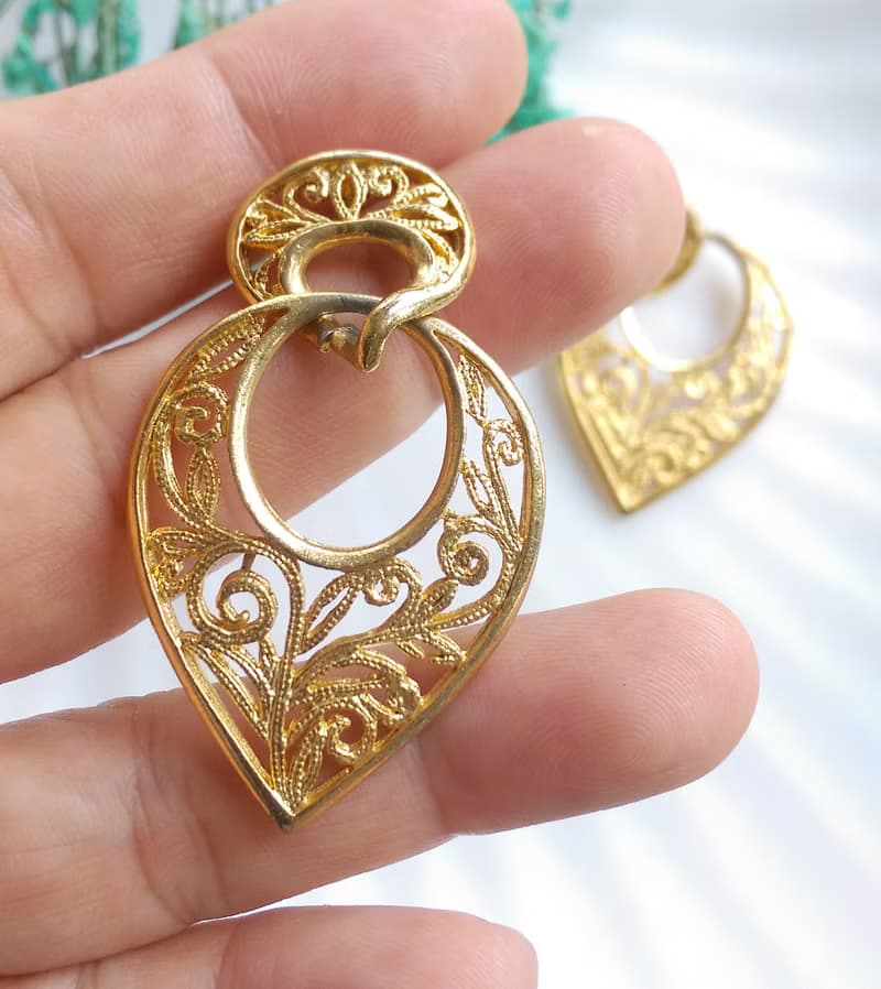 Vintage Jewelry 西洋古董飾品 金屬鍍金 簍空 金絲 針式耳環