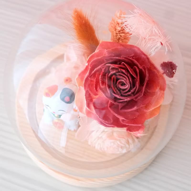 招財貓永生花玻璃罩、居家開運好物、成品、材料包、私約包課