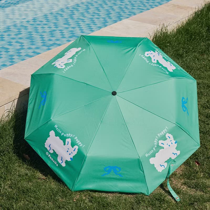 綠色出遊小狗晴雨傘 捲毛狗插畫 遮陽傘
