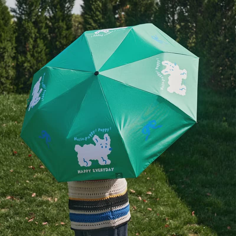 綠色出遊小狗晴雨傘 捲毛狗插畫 遮陽傘