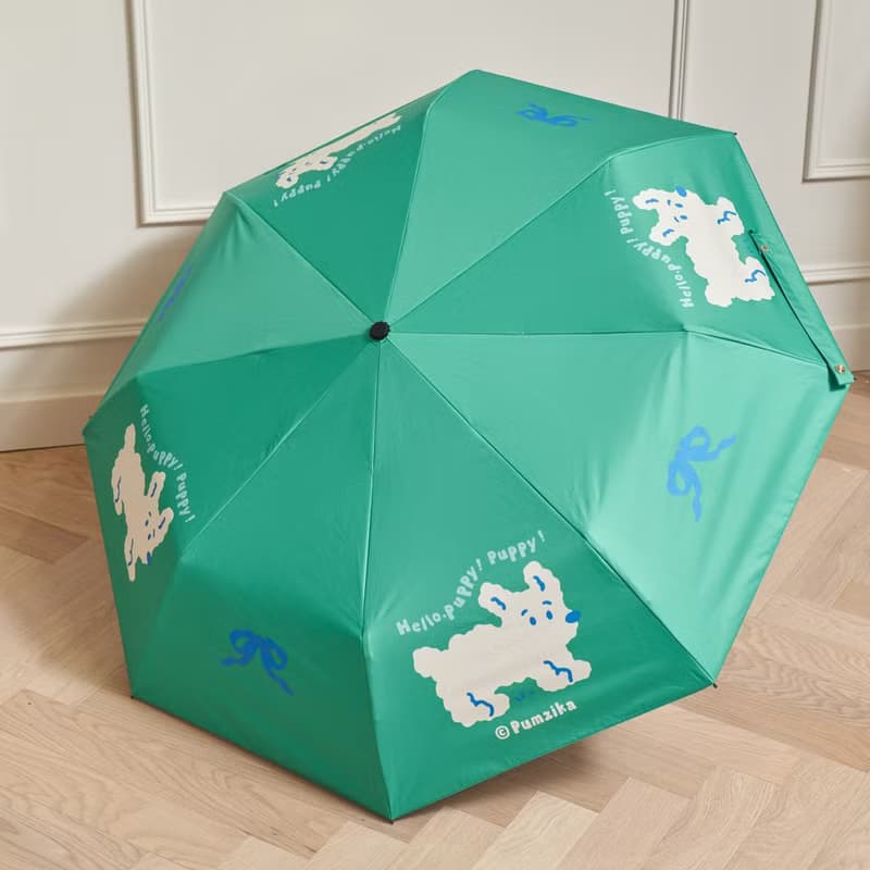 綠色出遊小狗晴雨傘 捲毛狗插畫 遮陽傘
