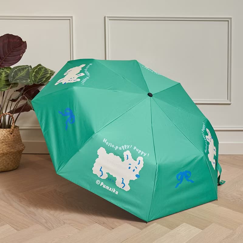 綠色出遊小狗晴雨傘 捲毛狗插畫 遮陽傘