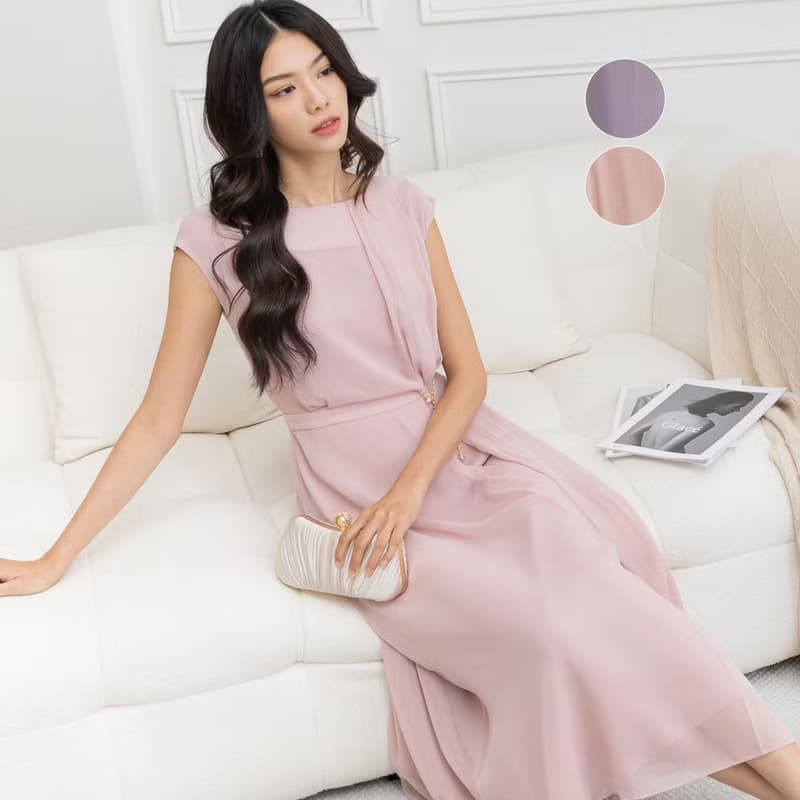 【MEDUSA】側抓褶飄逸雪紡直筒長洋裝-2色(M-XL) | 小禮服 雪紡