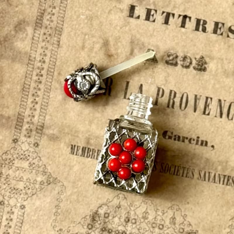 50750-絕美法國古董純銀鑲嵌紅珊瑚香水瓶