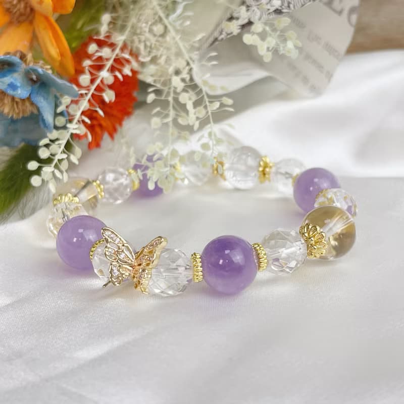 貴人運/消除負能量-銅蝴蝶薰衣草紫晶白水晶手鍊