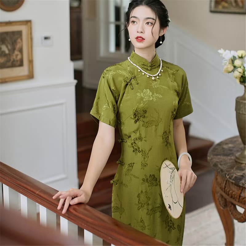 秋香綠色 蝶語人絲人棉暗紋提花古法旗袍 復古改良新中式國風洋裝