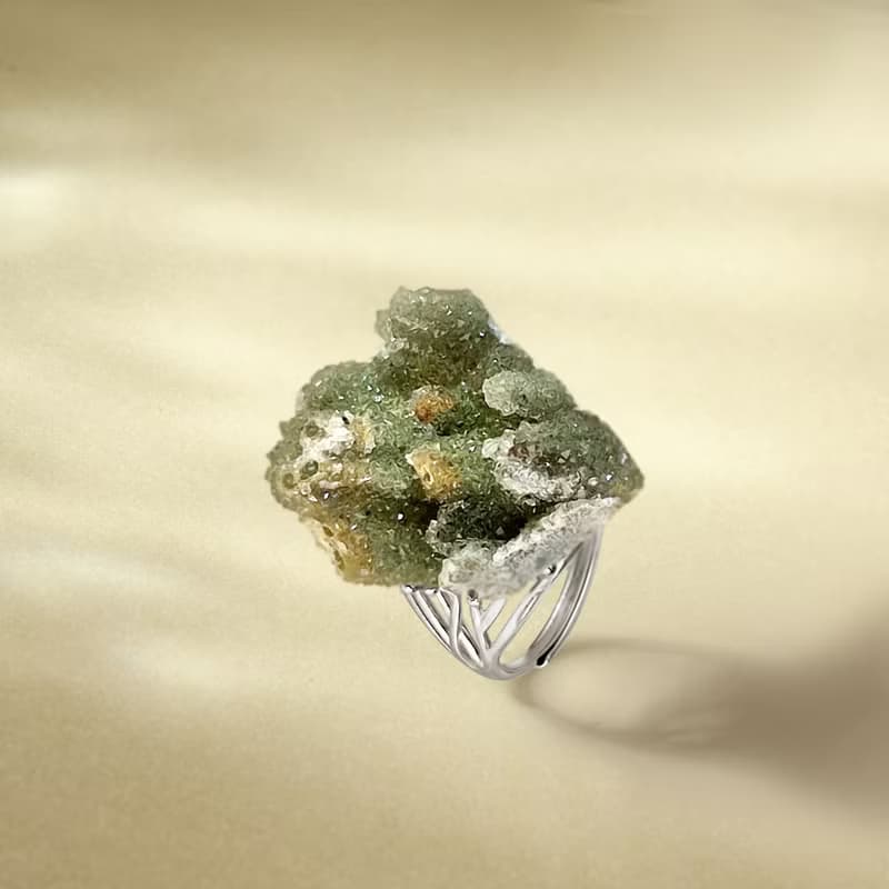 綠色水晶 活口戒指 隨形原石標本 星光閃片晶簇手工指環 S925銀