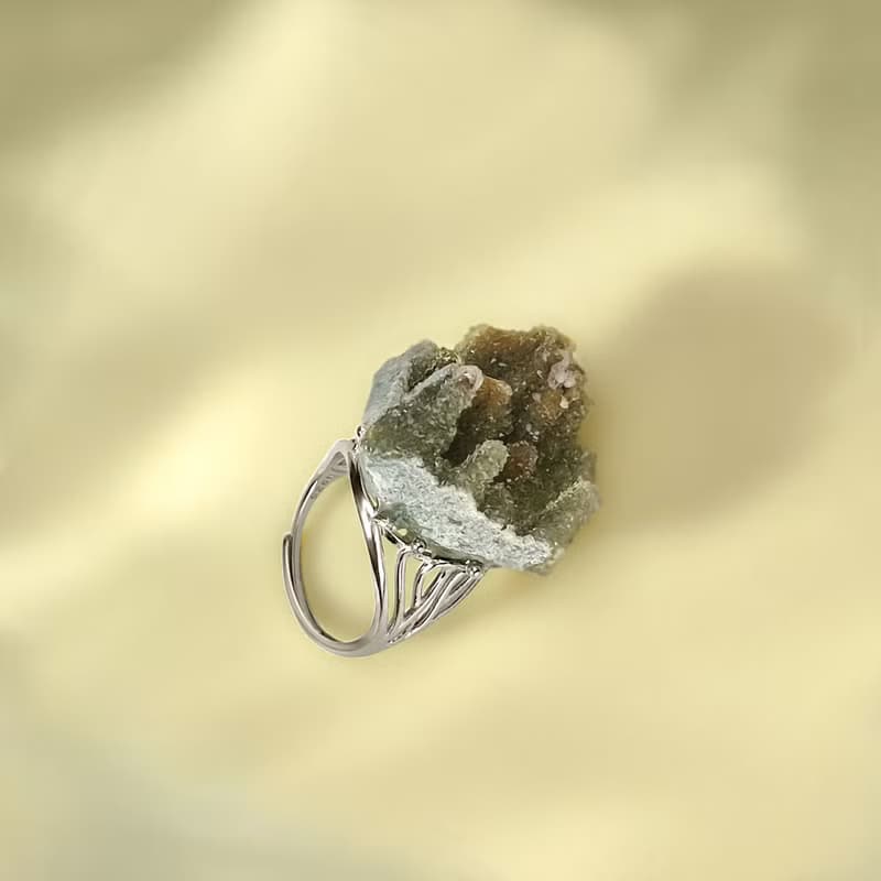 綠色水晶 活口戒指 隨形原石標本 星光閃片晶簇手工指環 S925銀
