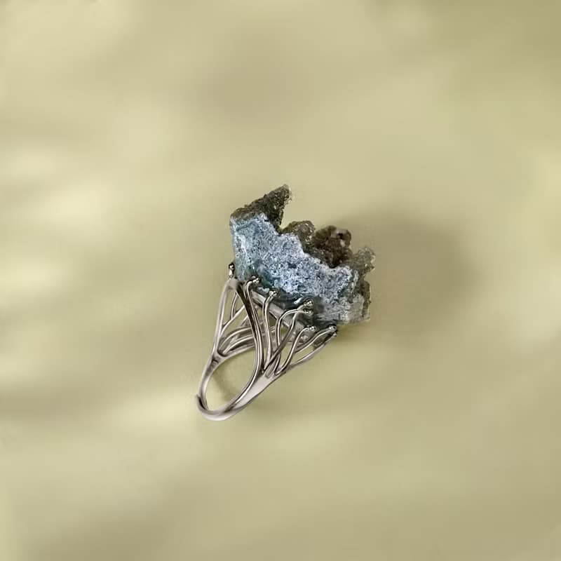 綠色水晶 活口戒指 隨形原石標本 星光閃片晶簇手工指環 S925銀