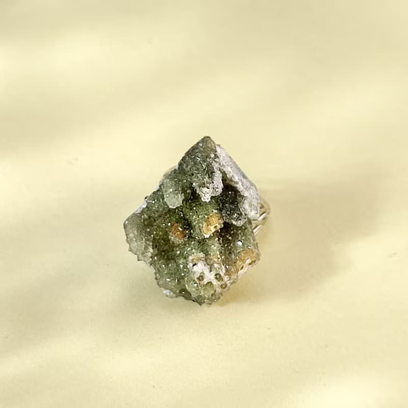 綠色水晶 活口戒指 隨形原石標本 星光閃片晶簇手工指環 S925銀