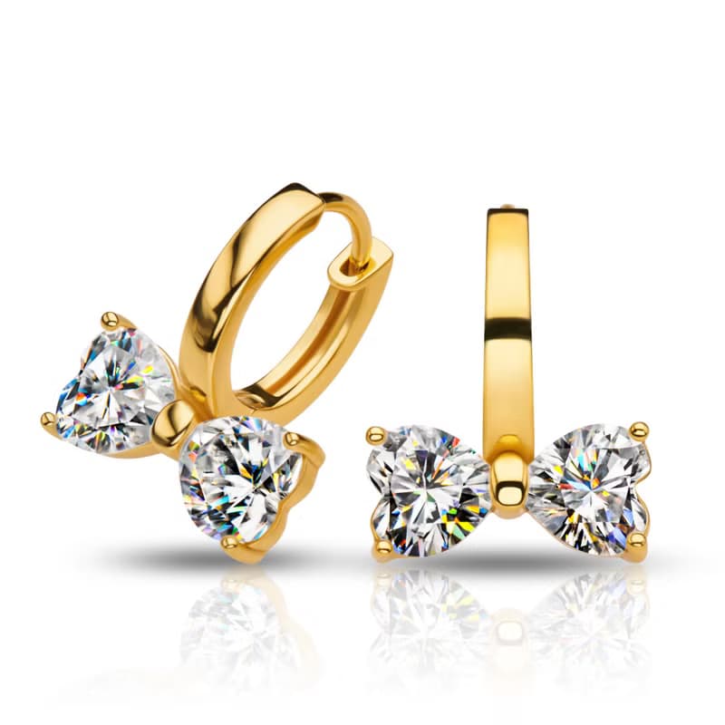 莫桑石D色 總重4.0ct 蝴蝶結吊墜 耳環 18K鍍金 女孩禮物