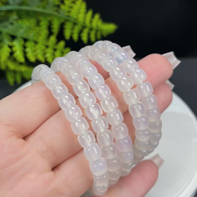 天然白色瑪瑙手串冰透起光直切桶珠荔枝凍疊戴單圈女靈動優美7mm