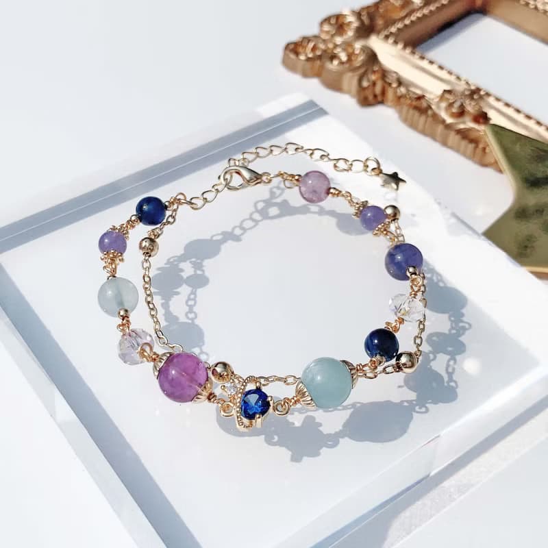 Galaxy 坦桑石 堇青石 紫水晶 海藍寶 雙層手工繞線天然水晶手鍊