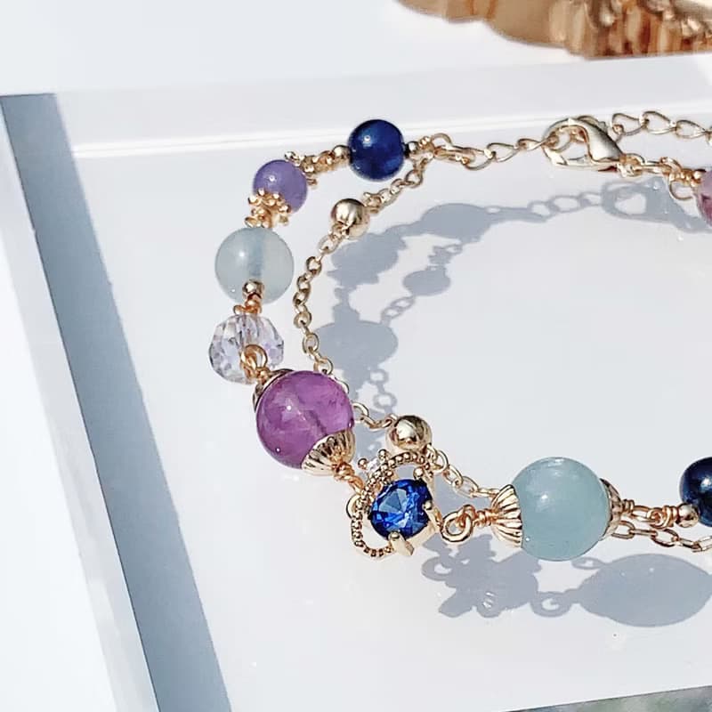 Galaxy 坦桑石 堇青石 紫水晶 海藍寶 雙層手工繞線天然水晶手鍊