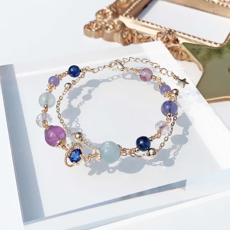 Galaxy 坦桑石 堇青石 紫水晶 海藍寶 雙層手工繞線天然水晶手鍊