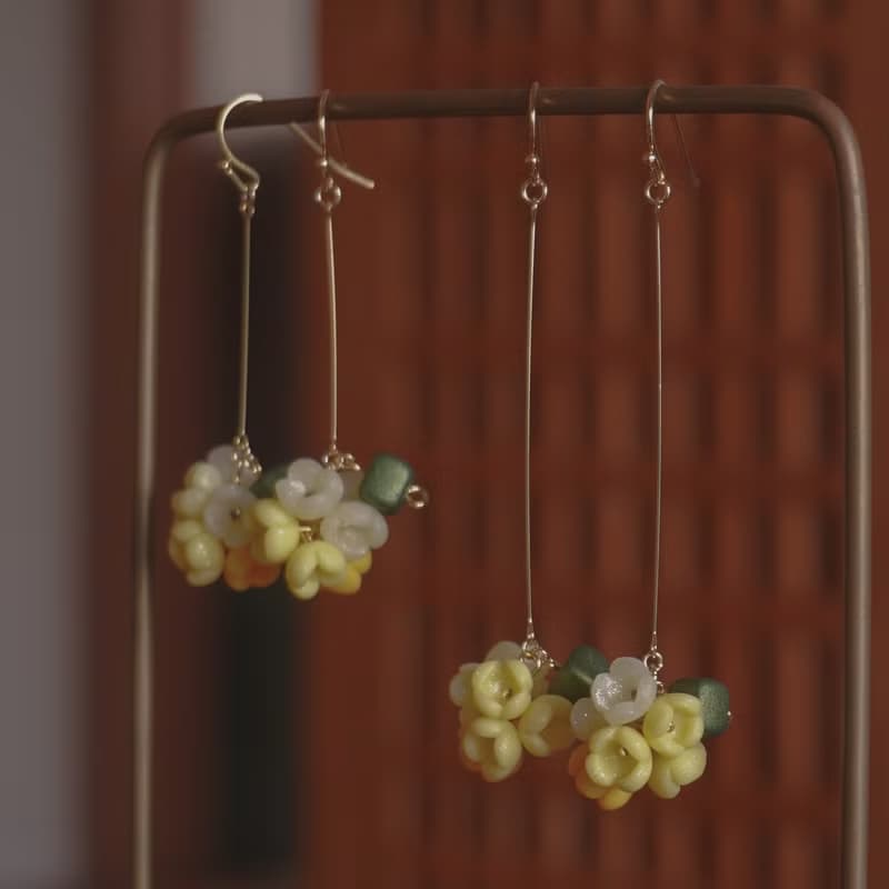TeaTime  深秋夢游微閃奶黃色花團 限定  兩種長度  耳環 耳夾