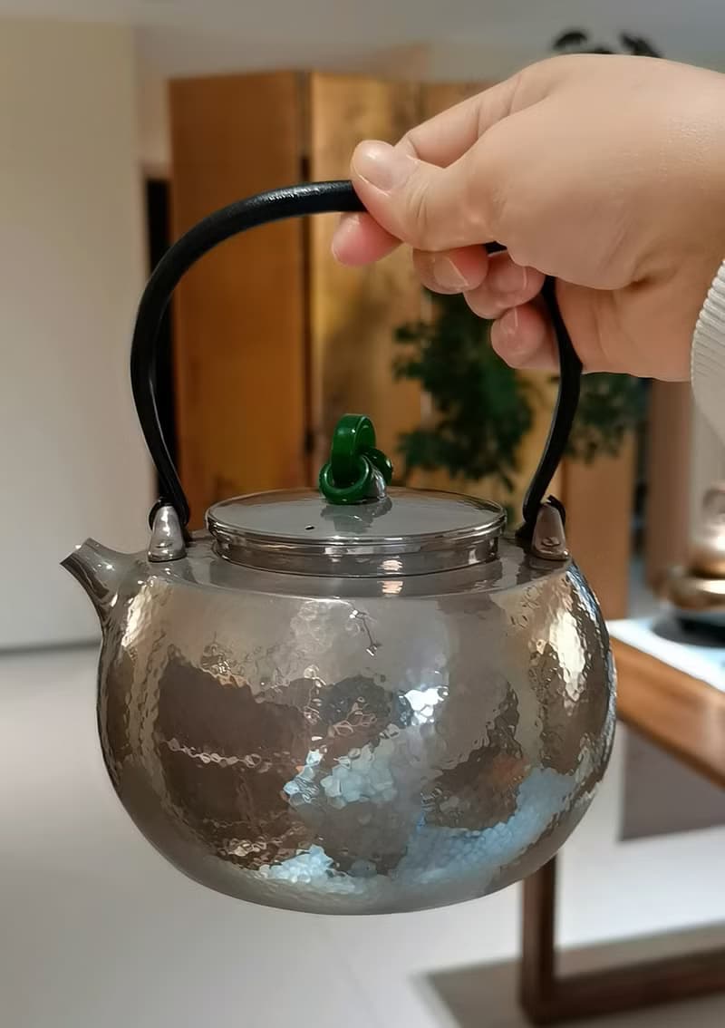 尚幀品 玉鈕平領銀壺 純銀9999一張打口打出銀壺 燒水銀壺 1000cc