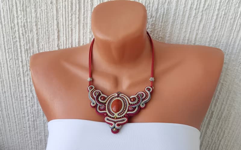 紅色項鍊和耳環 Red Jasper Necklace Jewelry set, stone soutache embroidered, New Year