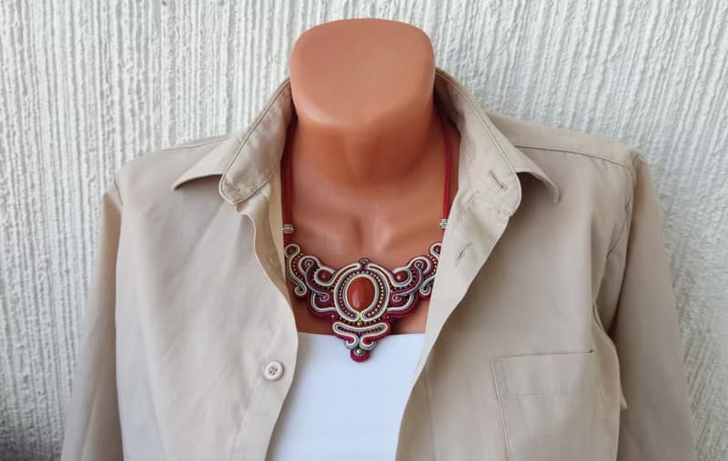 紅色項鍊和耳環 Red Jasper Necklace Jewelry set, stone soutache embroidered, New Year