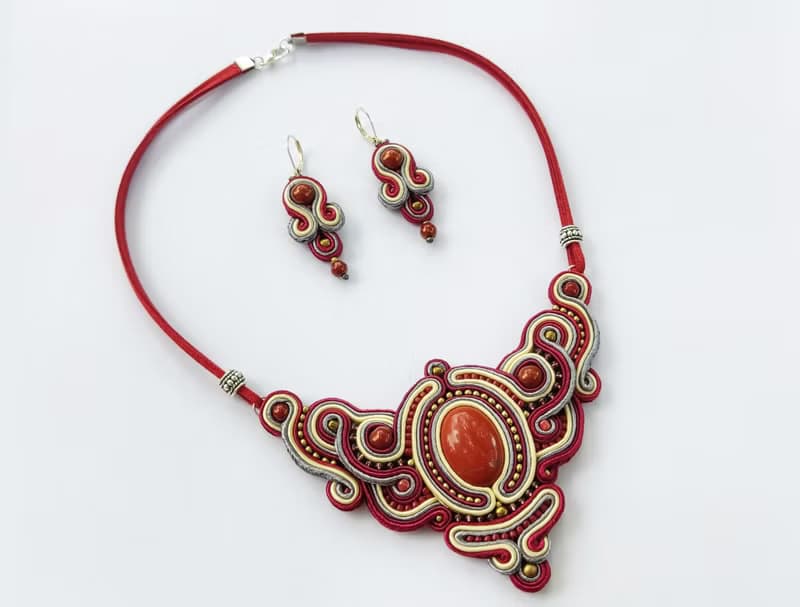 紅色項鍊和耳環 Red Jasper Necklace Jewelry set, stone soutache embroidered, New Year