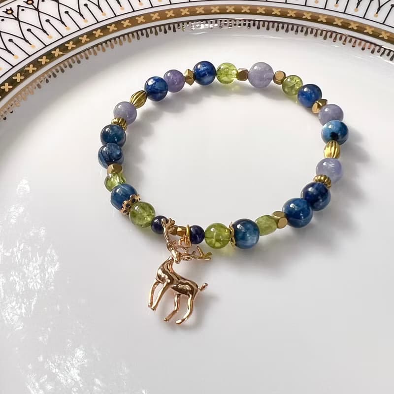 【湖水畔雄鹿挺身守護】橄欖石 坦桑石 藍晶石 水晶手鍊