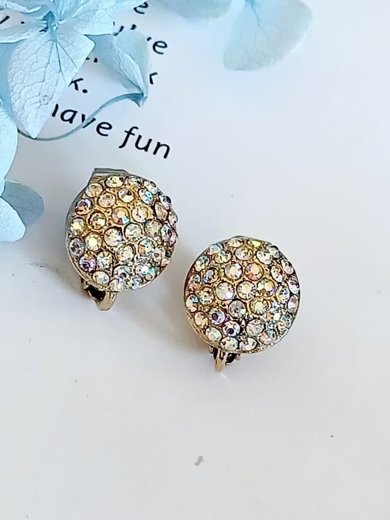 vintage jewelry  古典小極光滿鑲半圓 夾式耳環