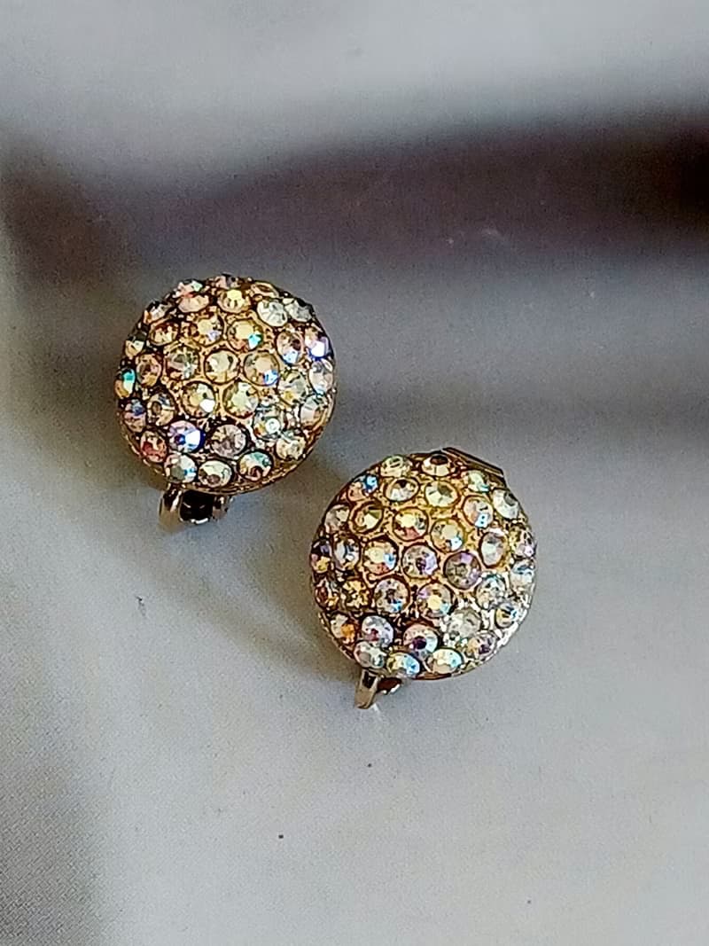 vintage jewelry  古典小極光滿鑲半圓 夾式耳環