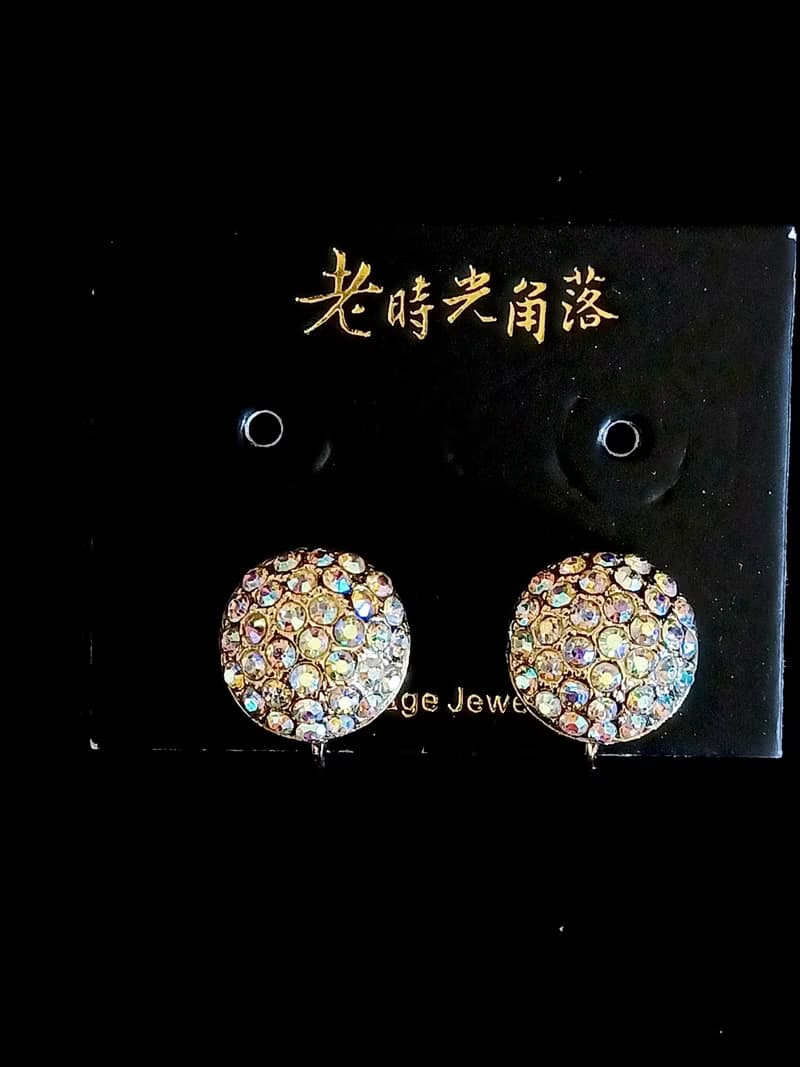 vintage jewelry  古典小極光滿鑲半圓 夾式耳環