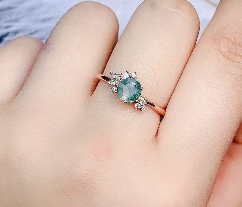 Hexagon Moss Agate Rring, Green Moss Agate Ring, Natural Moss Agate Ring