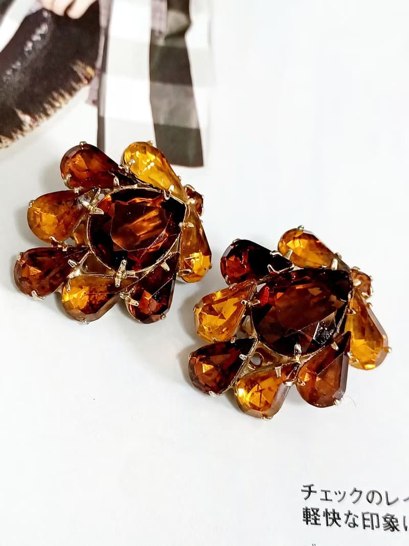 vintage jewelry  古董漸層棕色萊茵開屏夾式耳環