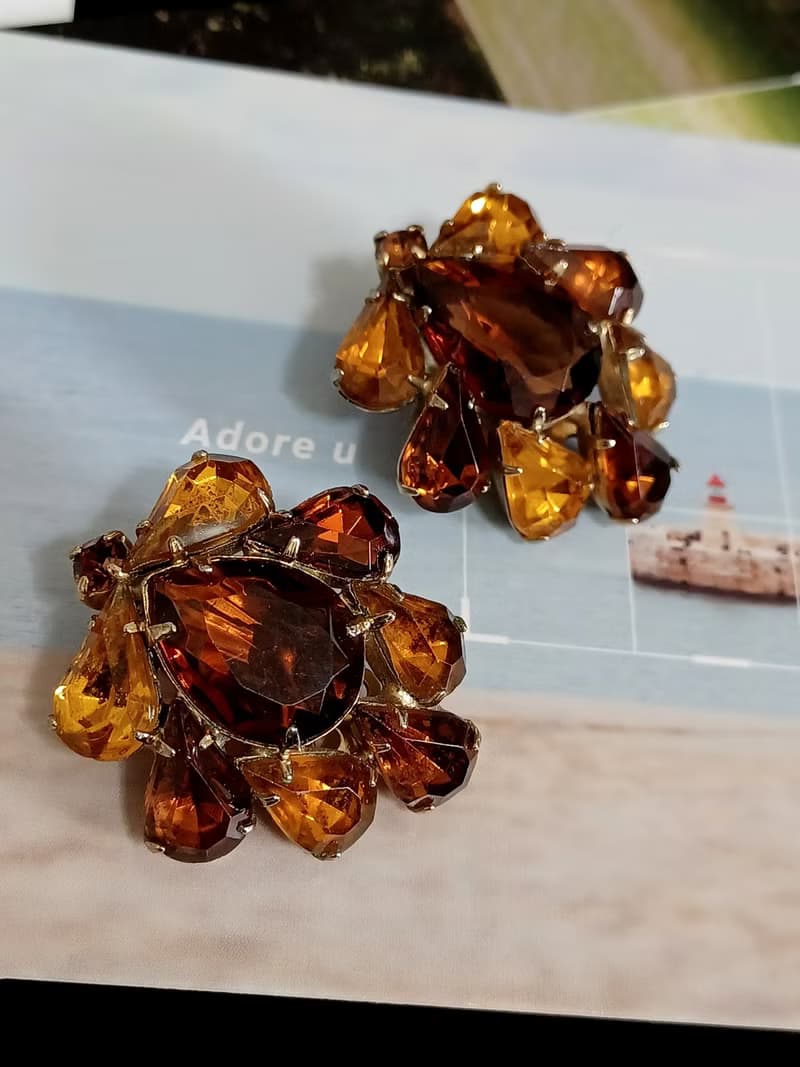 vintage jewelry  古董漸層棕色萊茵開屏夾式耳環