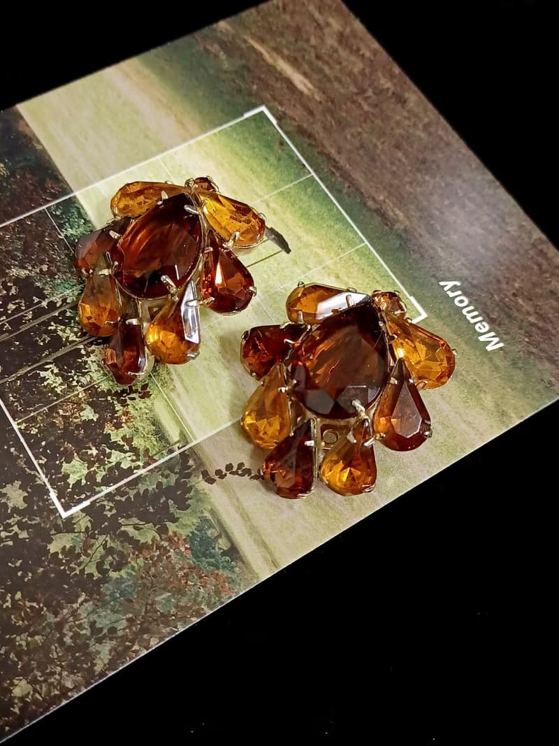 vintage jewelry  古董漸層棕色萊茵開屏夾式耳環