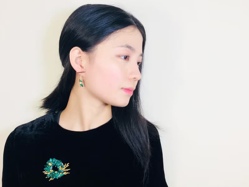 和風半寶石胸針 柏樹胸針 竹子胸針 日本風格胸針 天然石 樹枝
