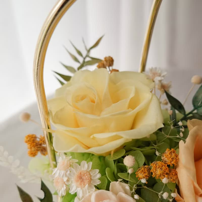 永生花愛心提把盆花-晨曦黃