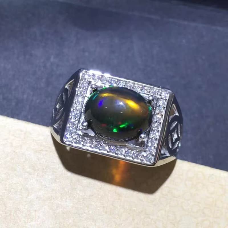 Black Opal Ring, Black Opal Men Ring, Natural Opal, Genuine Opal, Silver Ring