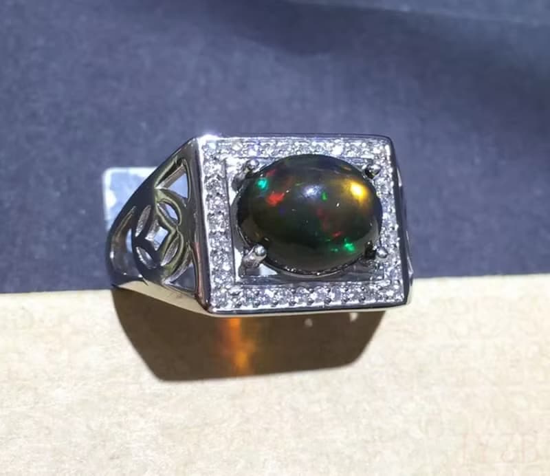 Black Opal Ring, Black Opal Men Ring, Natural Opal, Genuine Opal, Silver Ring