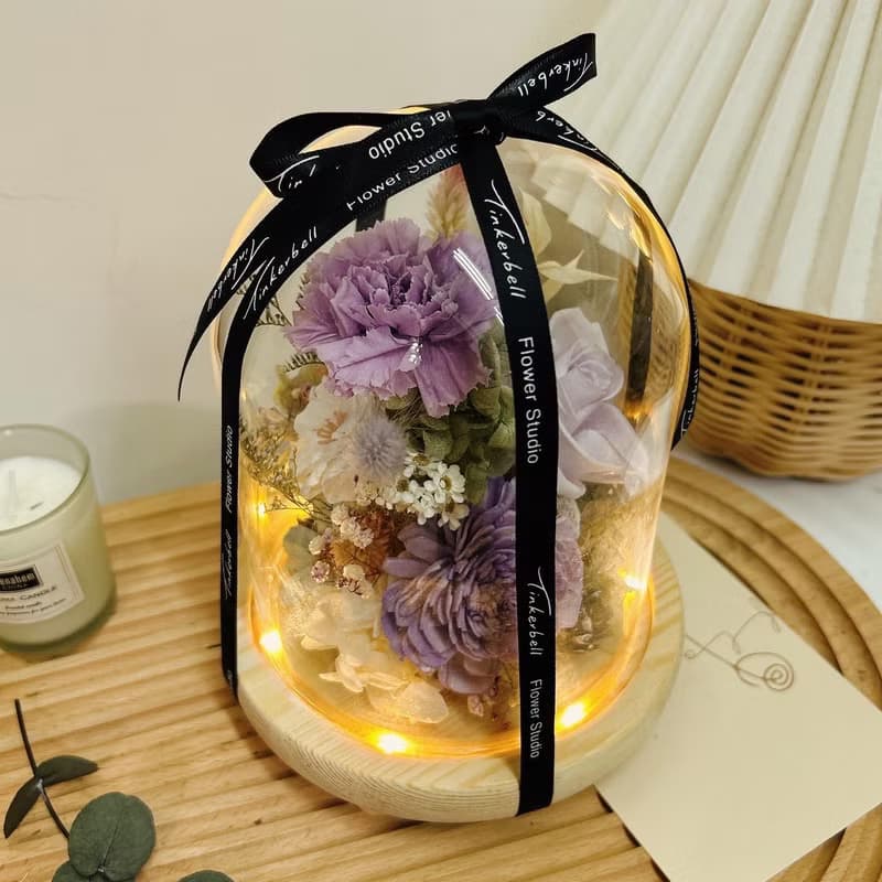 靜謐紫玻璃花盅 夜燈  永生花 乾燥花 節日送禮 擺設 附小禮盒