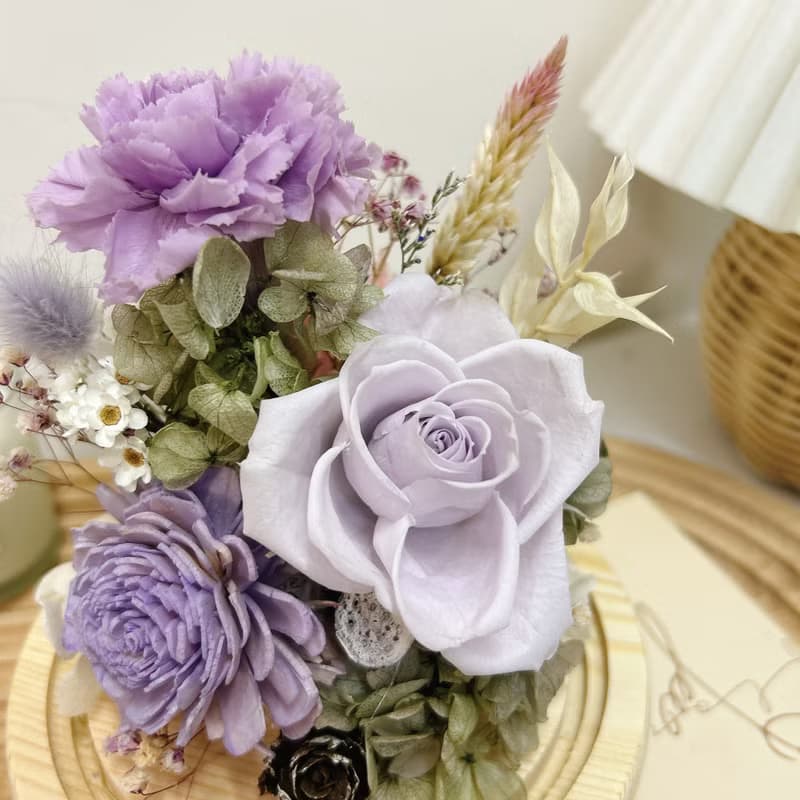 靜謐紫玻璃花盅 夜燈  永生花 乾燥花 節日送禮 擺設 附小禮盒