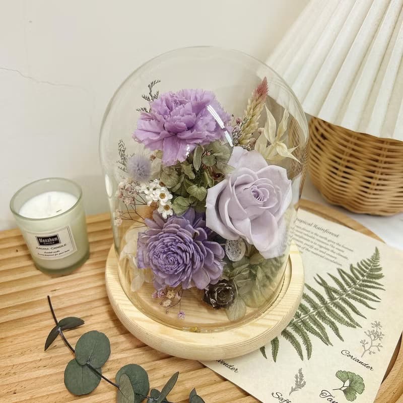 靜謐紫玻璃花盅 夜燈  永生花 乾燥花 節日送禮 擺設 附小禮盒