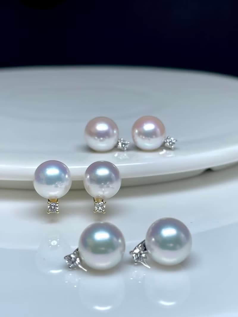 經典鑽石小燈泡日本 Akoya天然海水珍珠日本珍珠18k金珍珠耳環