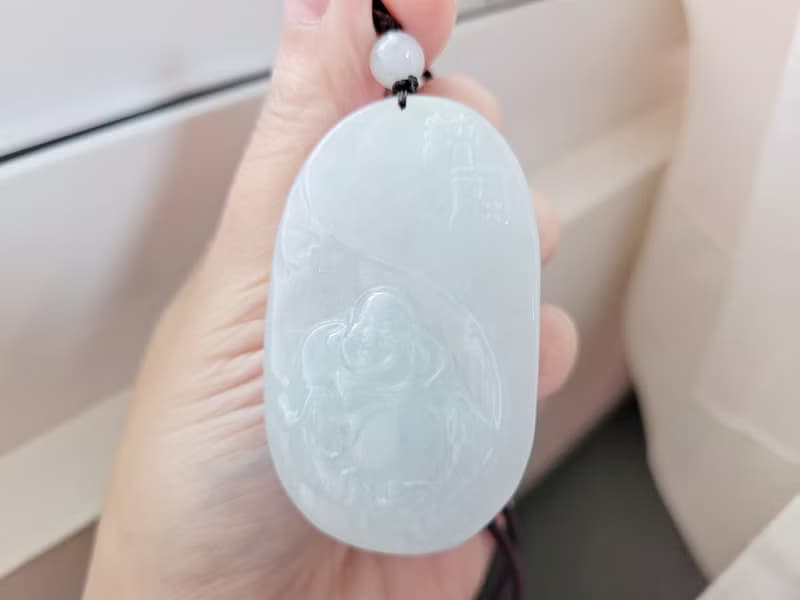 【親翠】天然翡翠 白潤純納福佛公牌調整式繩鏈  佛系