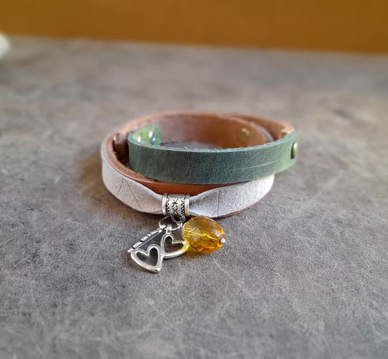 Leather Wrap Bracelet with Silver Charms and Yellow Faceted Crystal Pendant