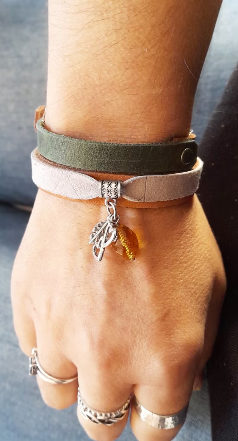 Leather Wrap Bracelet with Silver Charms and Yellow Faceted Crystal Pendant