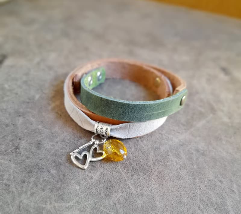 Leather Wrap Bracelet with Silver Charms and Yellow Faceted Crystal Pendant