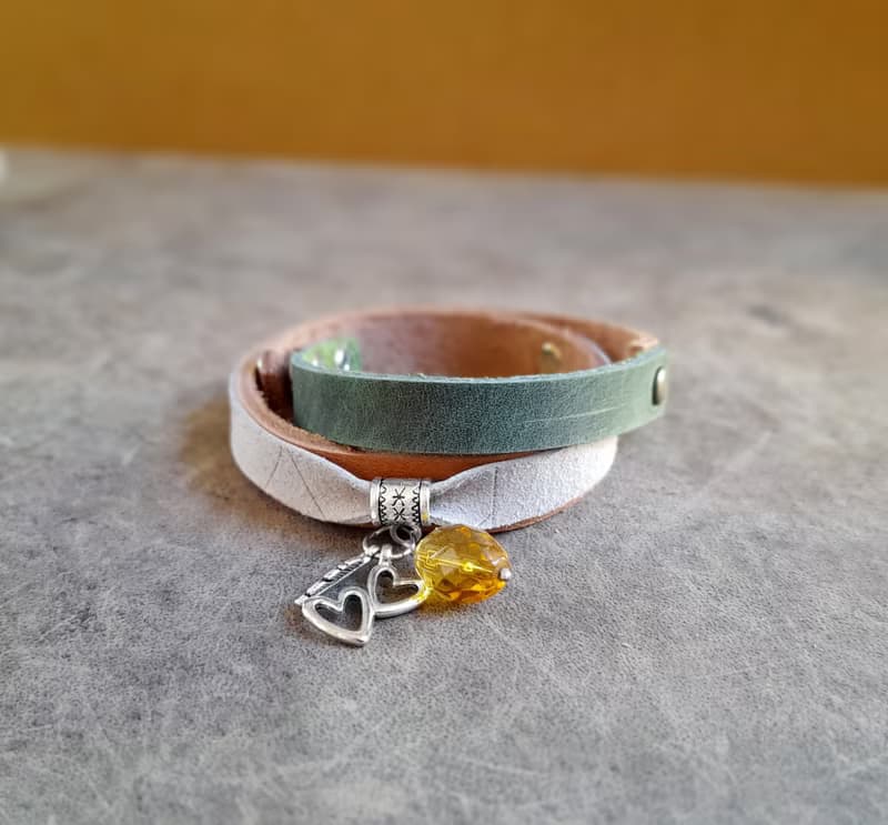 Leather Wrap Bracelet with Silver Charms and Yellow Faceted Crystal Pendant